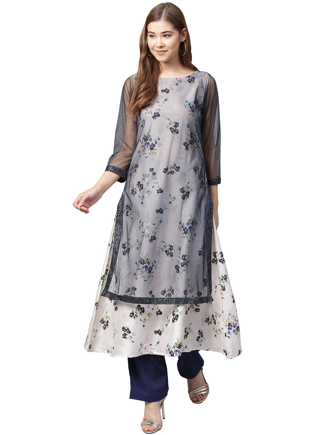 Women's Blue A-Line Double Layer Only Kurta