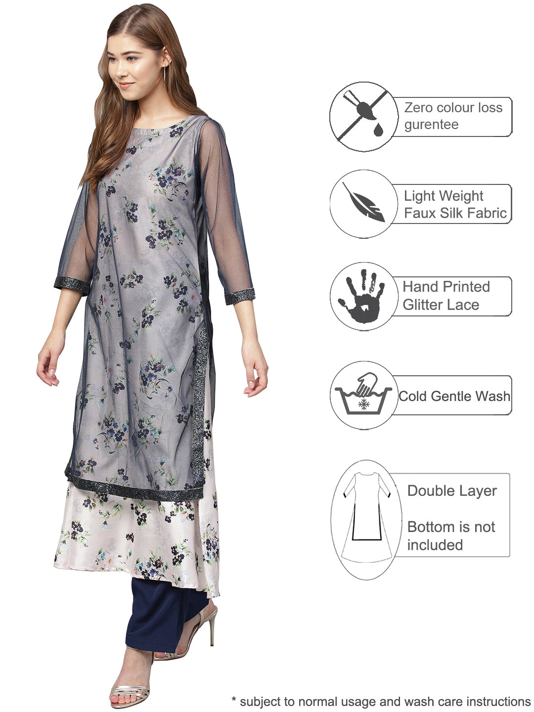 Women's Blue A-Line Double Layer Only Kurta