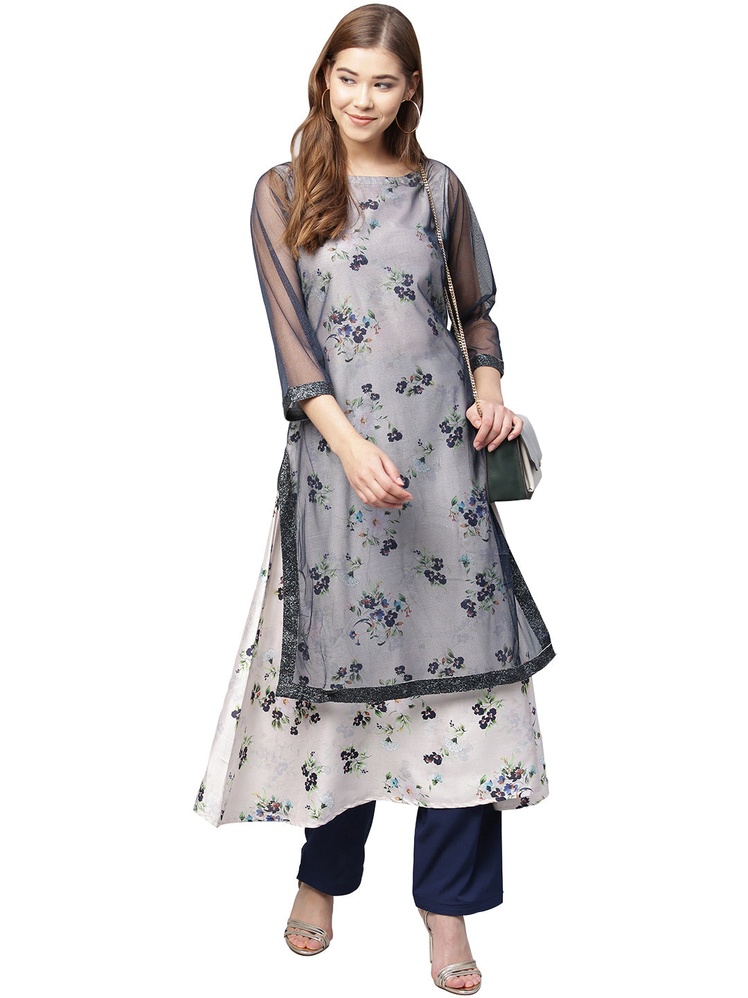 Women's Blue A-Line Double Layer Only Kurta