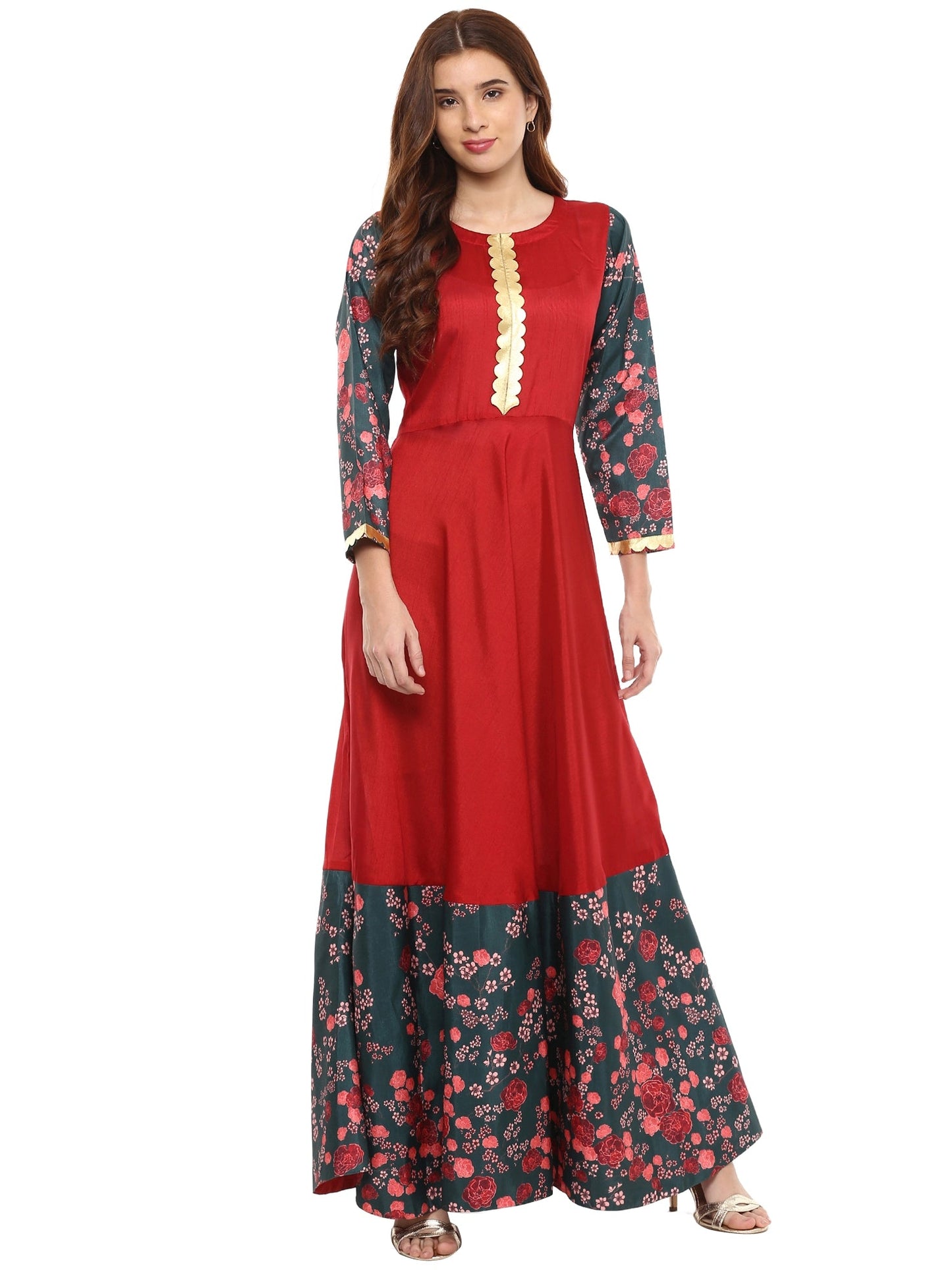 Women's Poly Silk Printed Flared Only Dress In Red