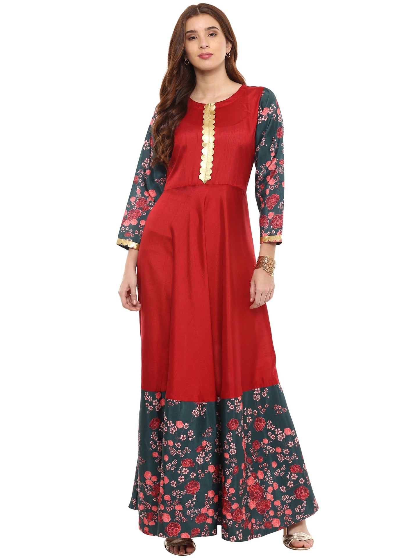Women's Poly Silk Printed Flared Only Dress In Red