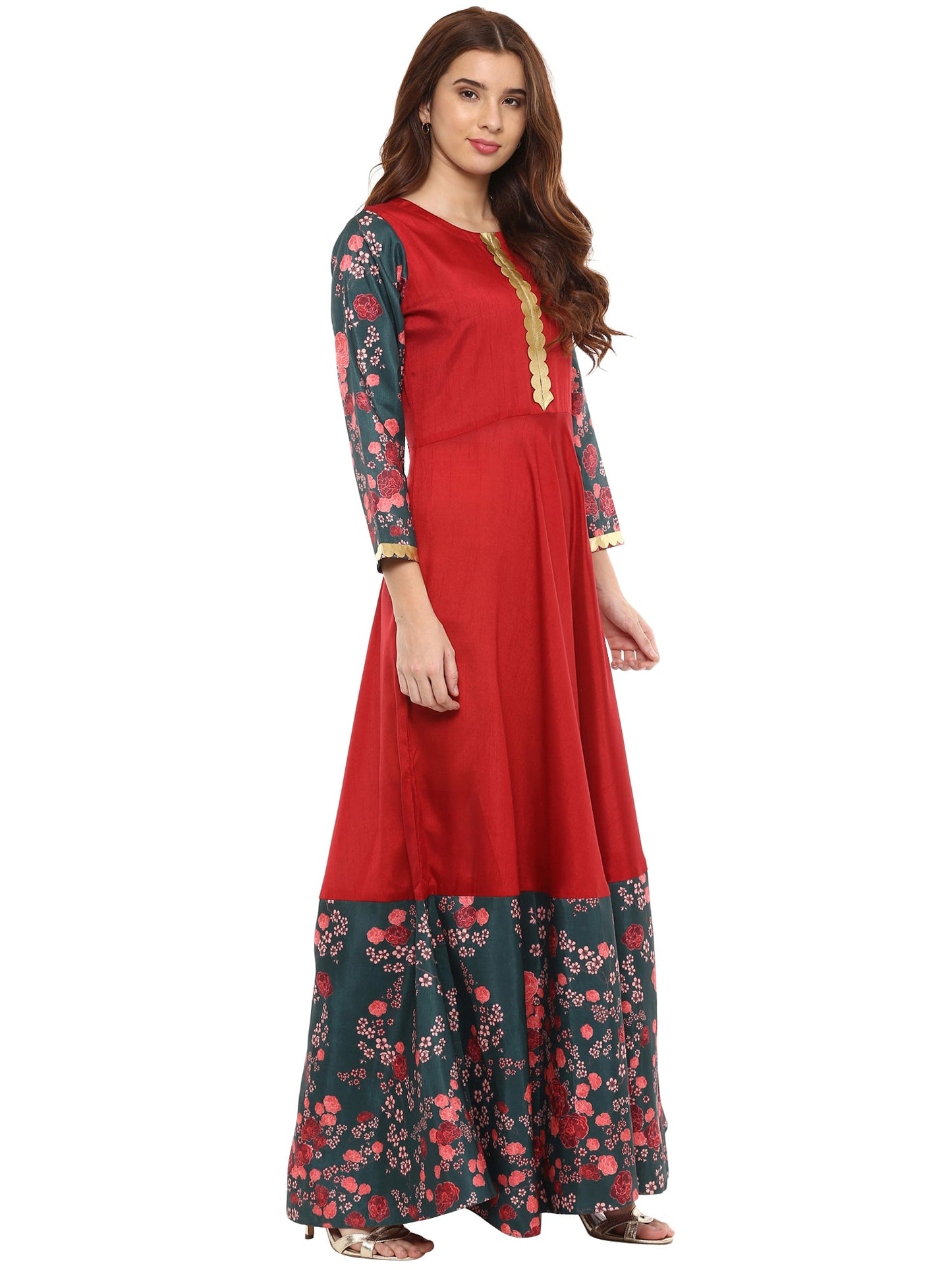 Women's Poly Silk Printed Flared Only Dress In Red