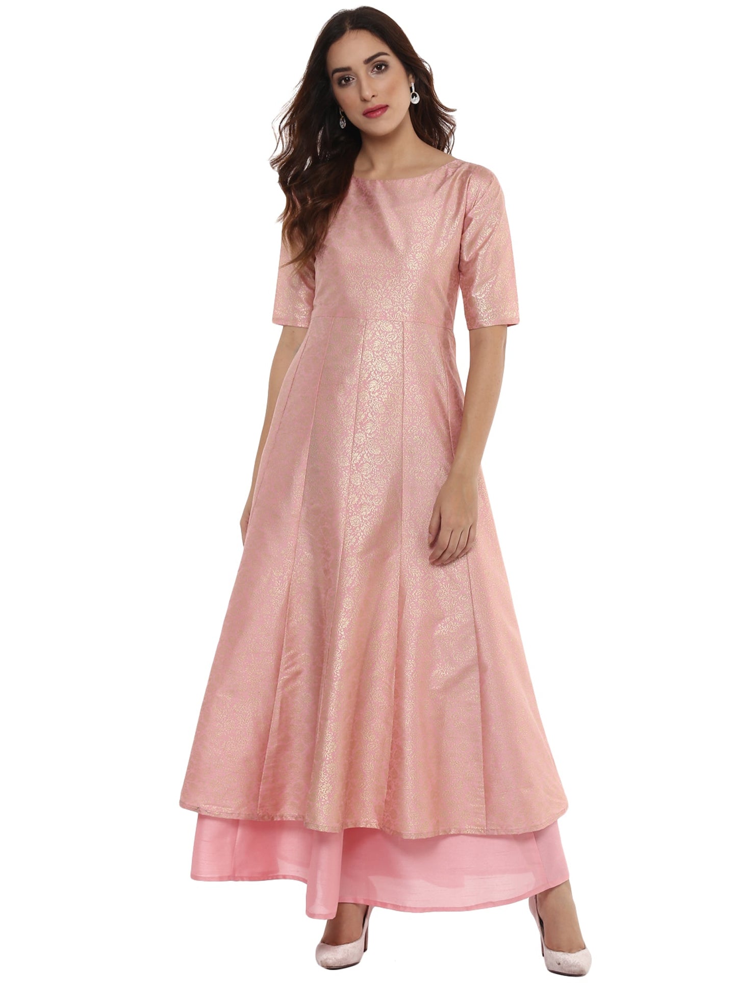 Women's Pink Poly Silk Gold Foil Print Kurta