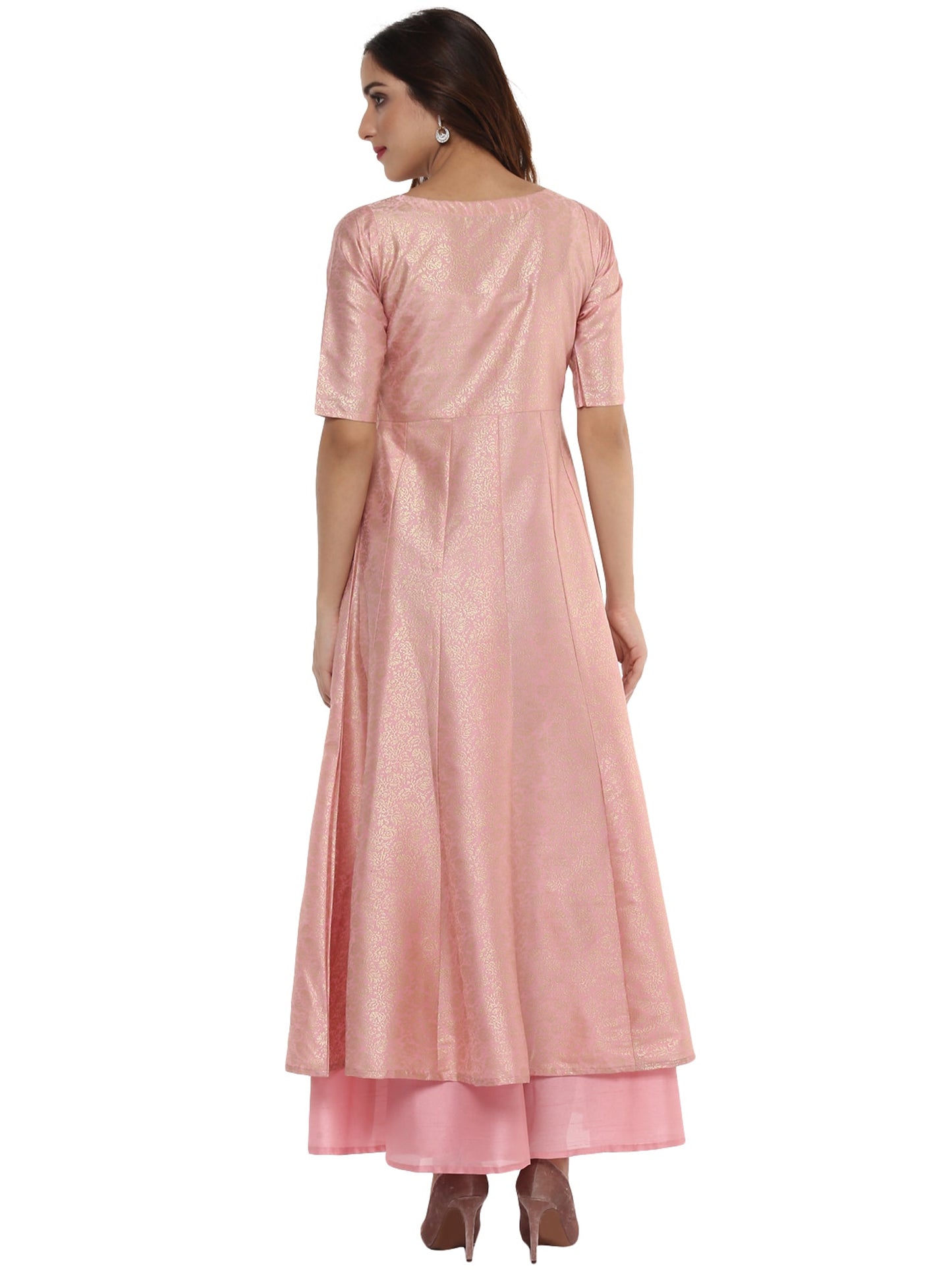 Women's Pink Poly Silk Gold Foil Print Kurta