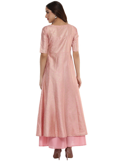 Women's Pink Poly Silk Gold Foil Print Kurta