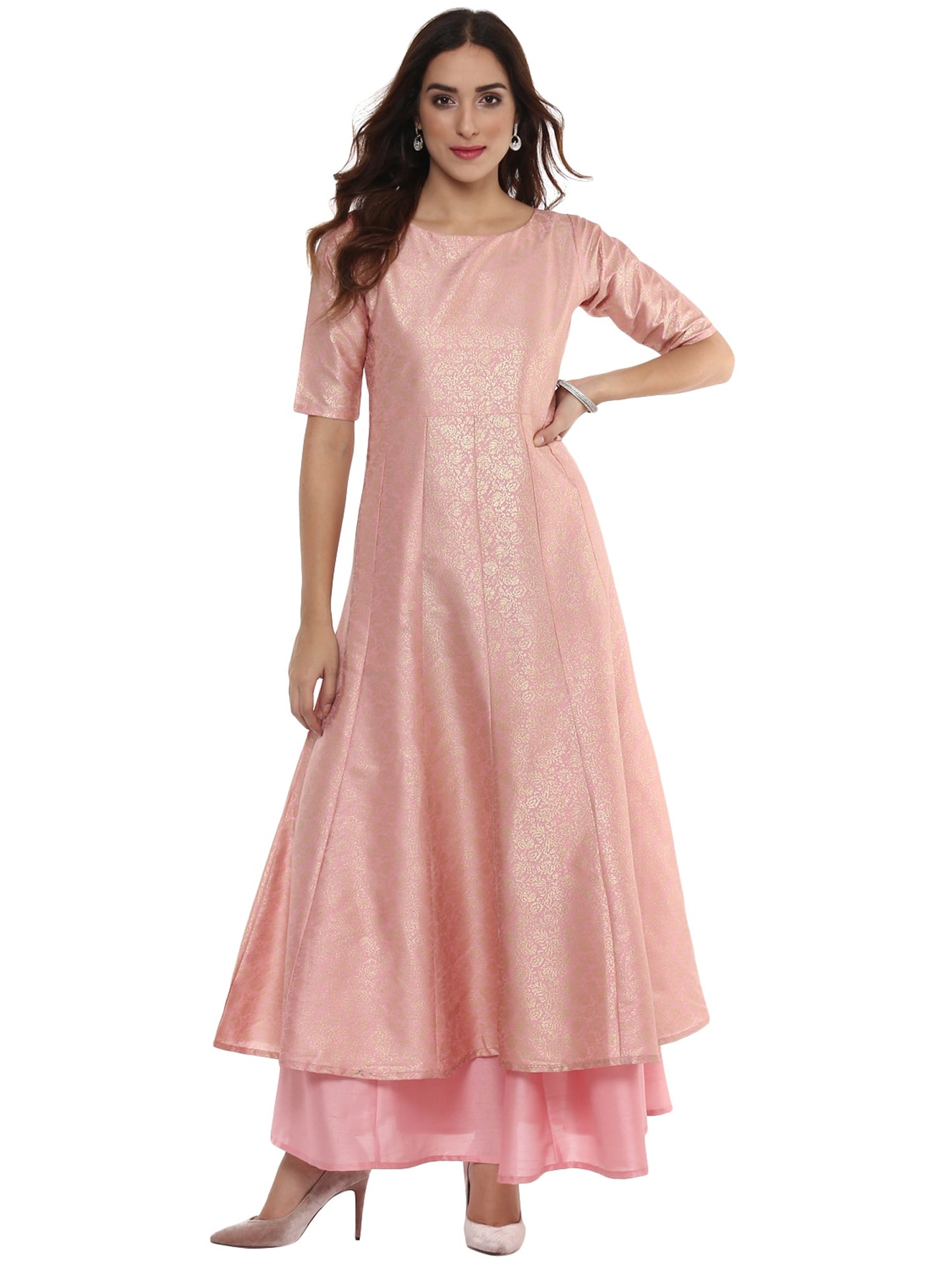Women's Pink Poly Silk Gold Foil Print Kurta