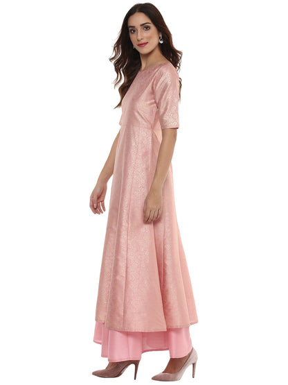 Women's Pink Poly Silk Gold Foil Print Kurta