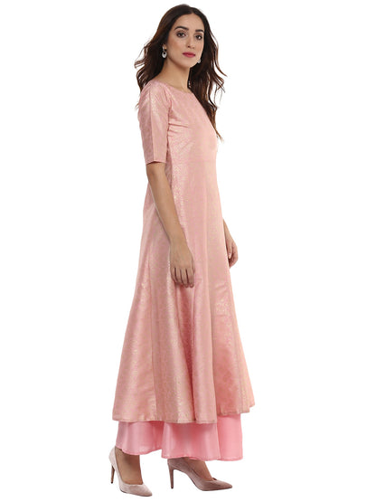 Women's Pink Poly Silk Gold Foil Print Kurta