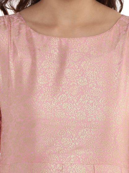 Women's Pink Poly Silk Gold Foil Print Kurta