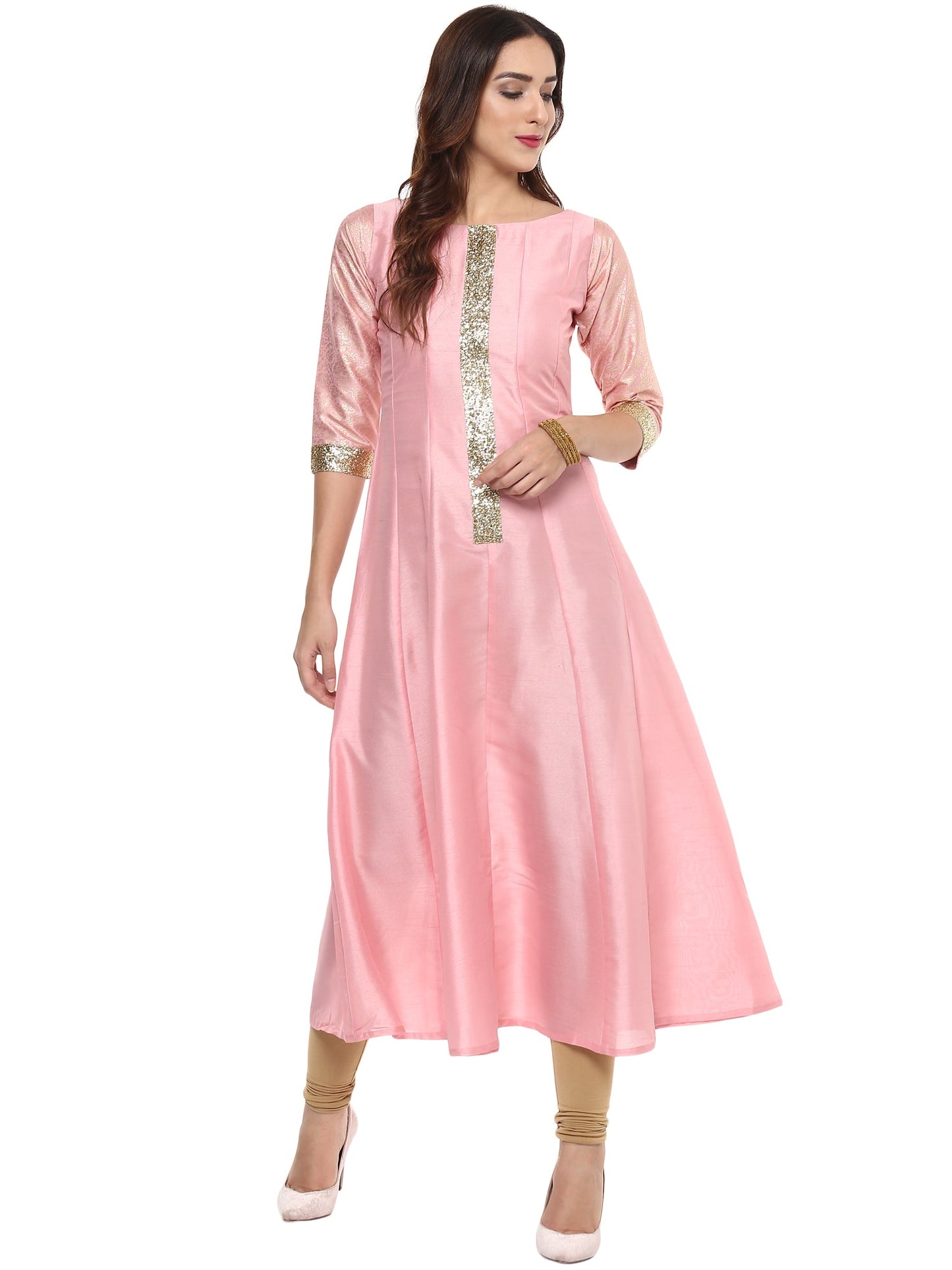 Women's Pink Poly Silk Kurta