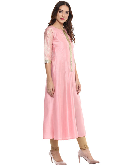 Women's Pink Poly Silk Kurta