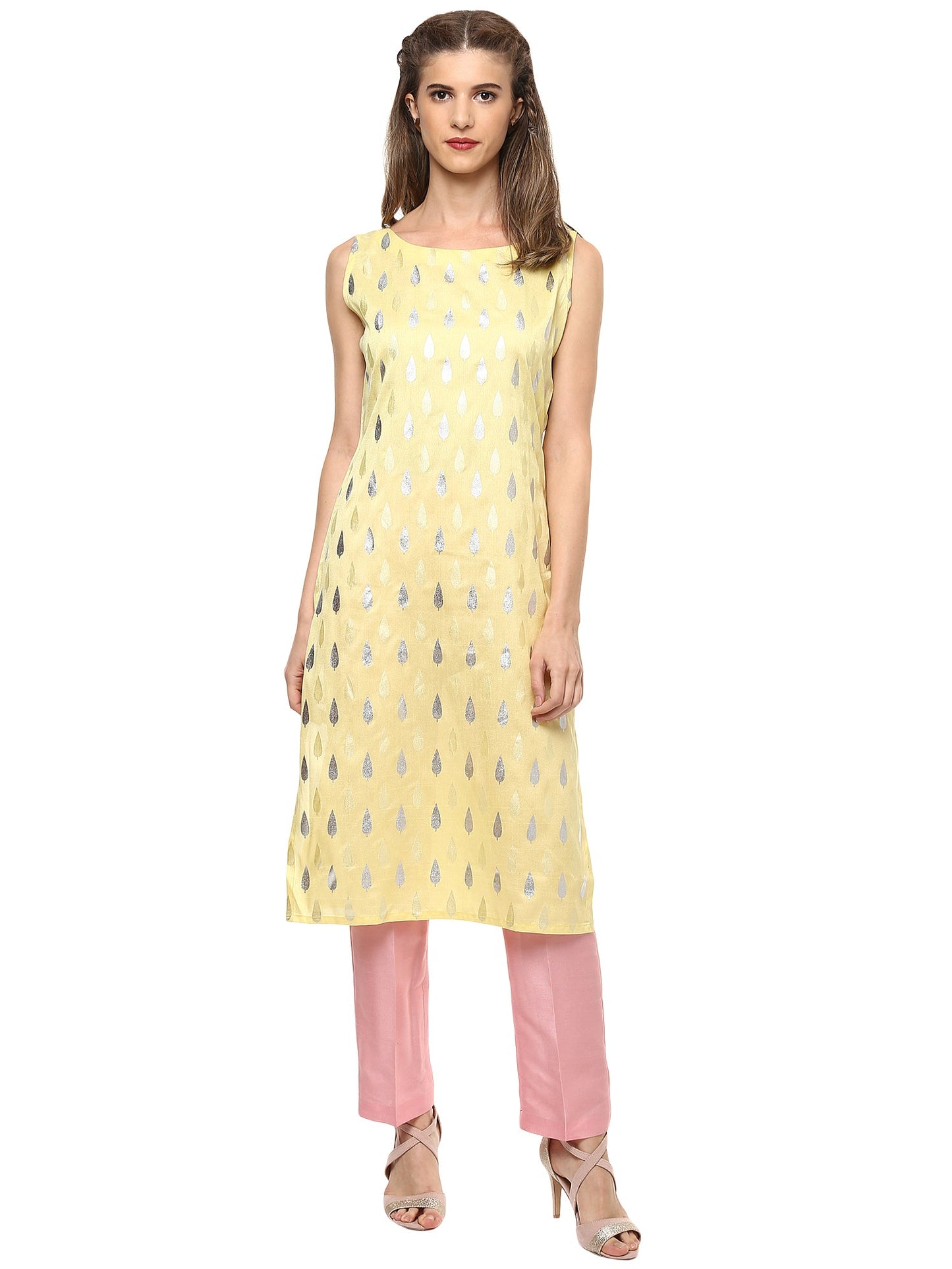 Women's Light Yellow Faux Silk Silver Print Straight Only Kurta