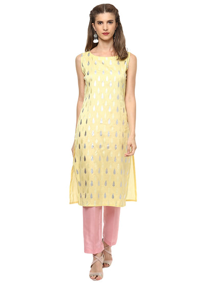 Women's Light Yellow Faux Silk Silver Print Straight Only Kurta