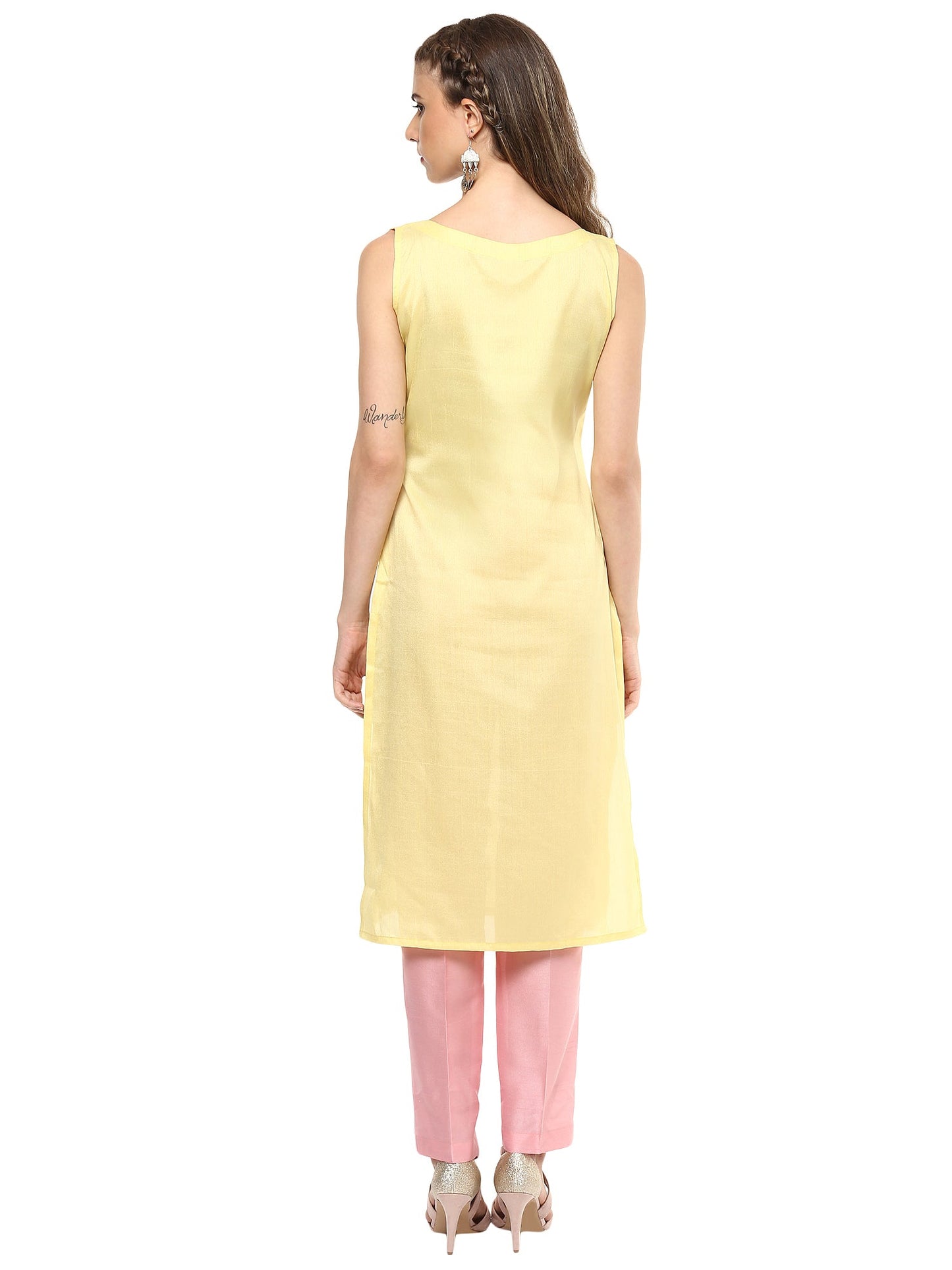 Women's Light Yellow Faux Silk Silver Print Straight Only Kurta