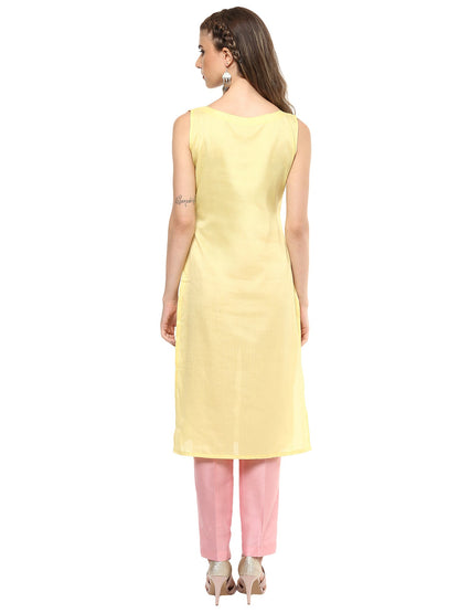 Women's Light Yellow Faux Silk Silver Print Straight Only Kurta