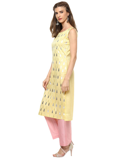 Women's Light Yellow Faux Silk Silver Print Straight Only Kurta