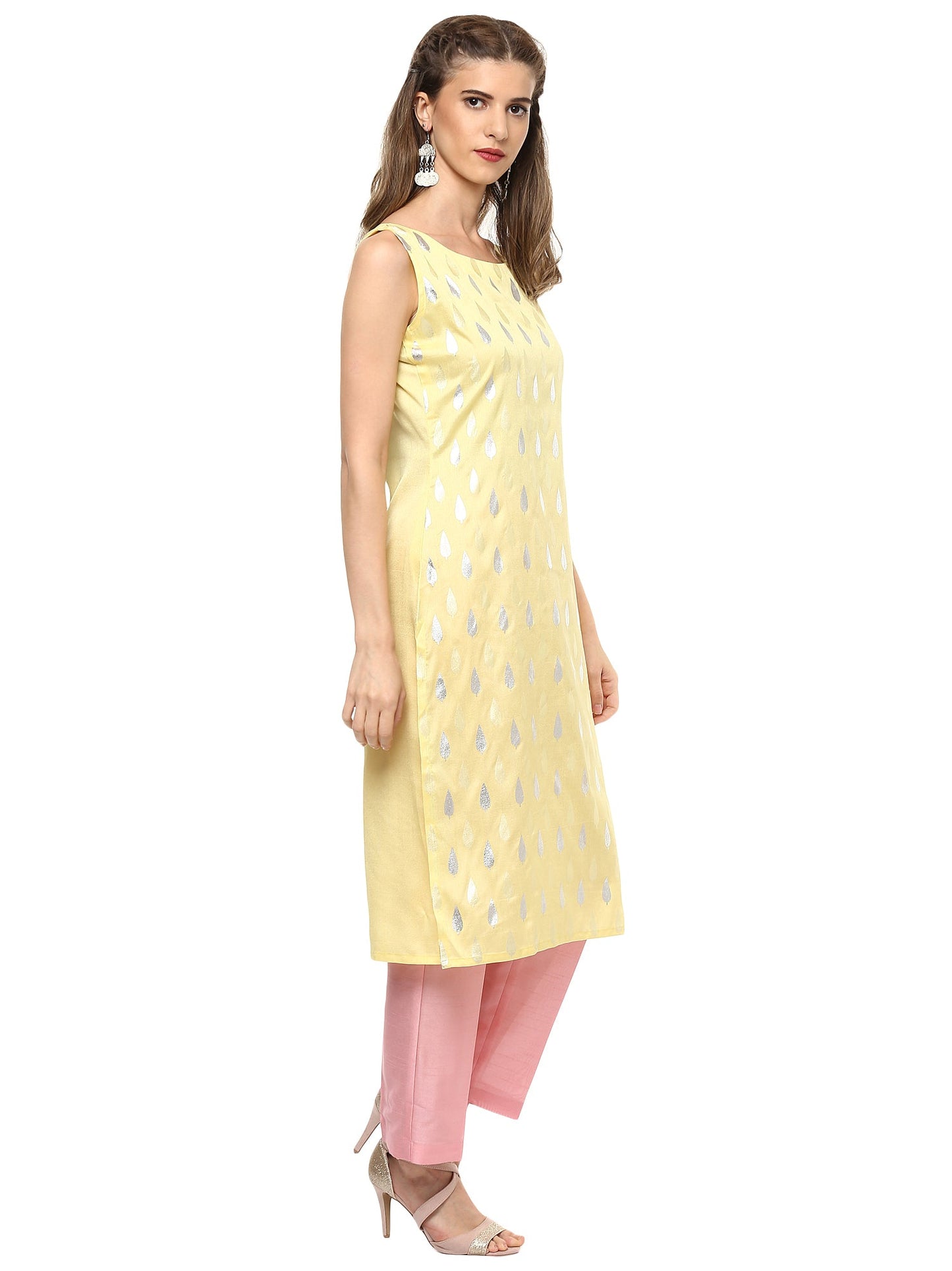 Women's Light Yellow Faux Silk Silver Print Straight Only Kurta