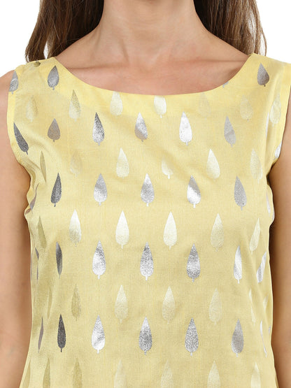 Women's Light Yellow Faux Silk Silver Print Straight Only Kurta