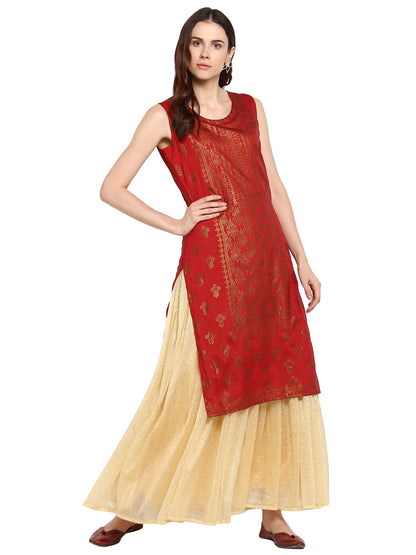 Women's Double Layered Red & Gold Floor Length Only Kurta Dress