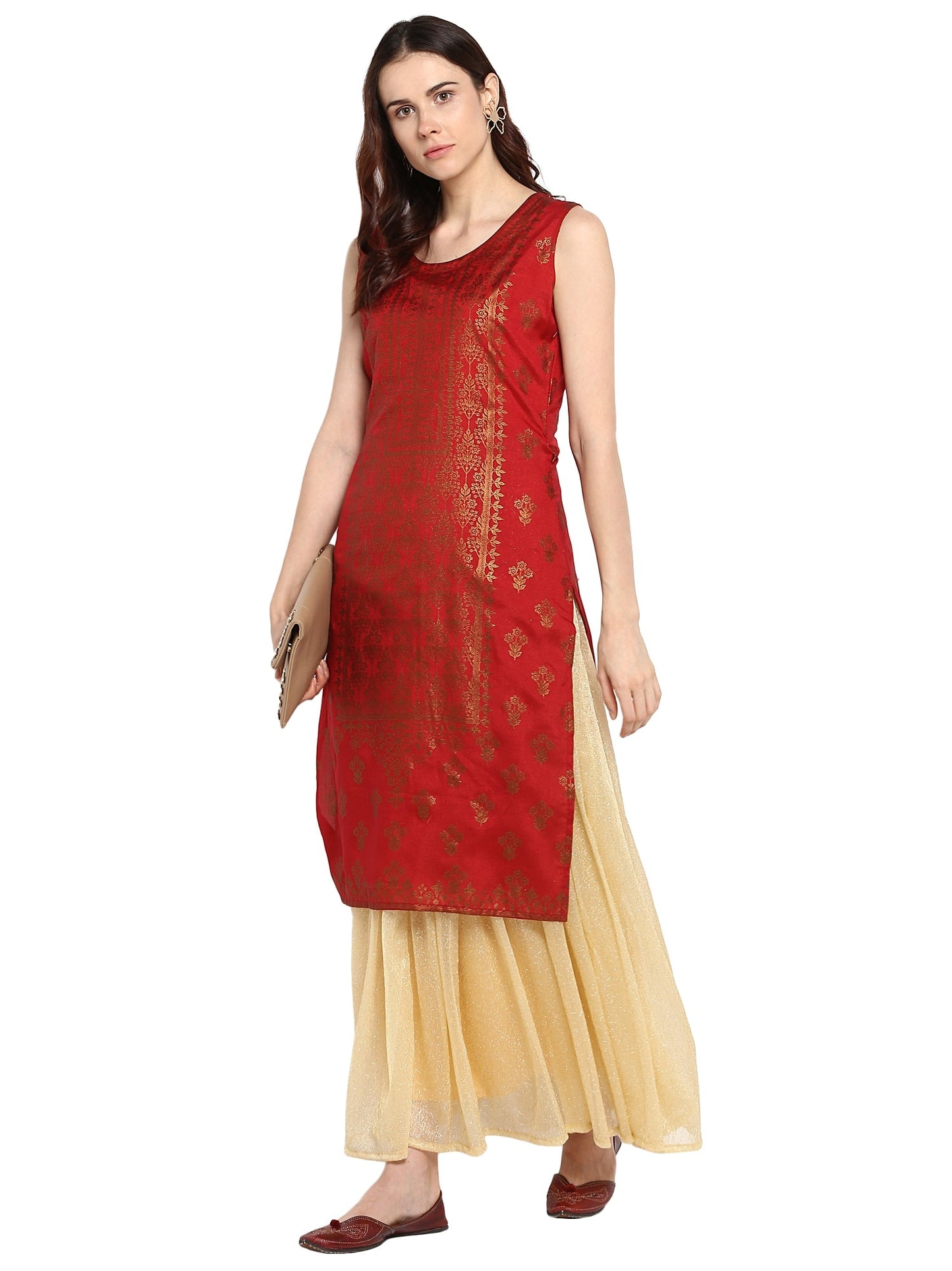 Women's Double Layered Red & Gold Floor Length Only Kurta Dress