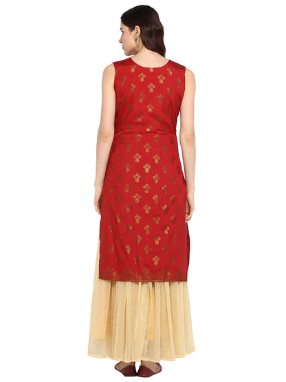 Women's Double Layered Red & Gold Floor Length Only Kurta Dress