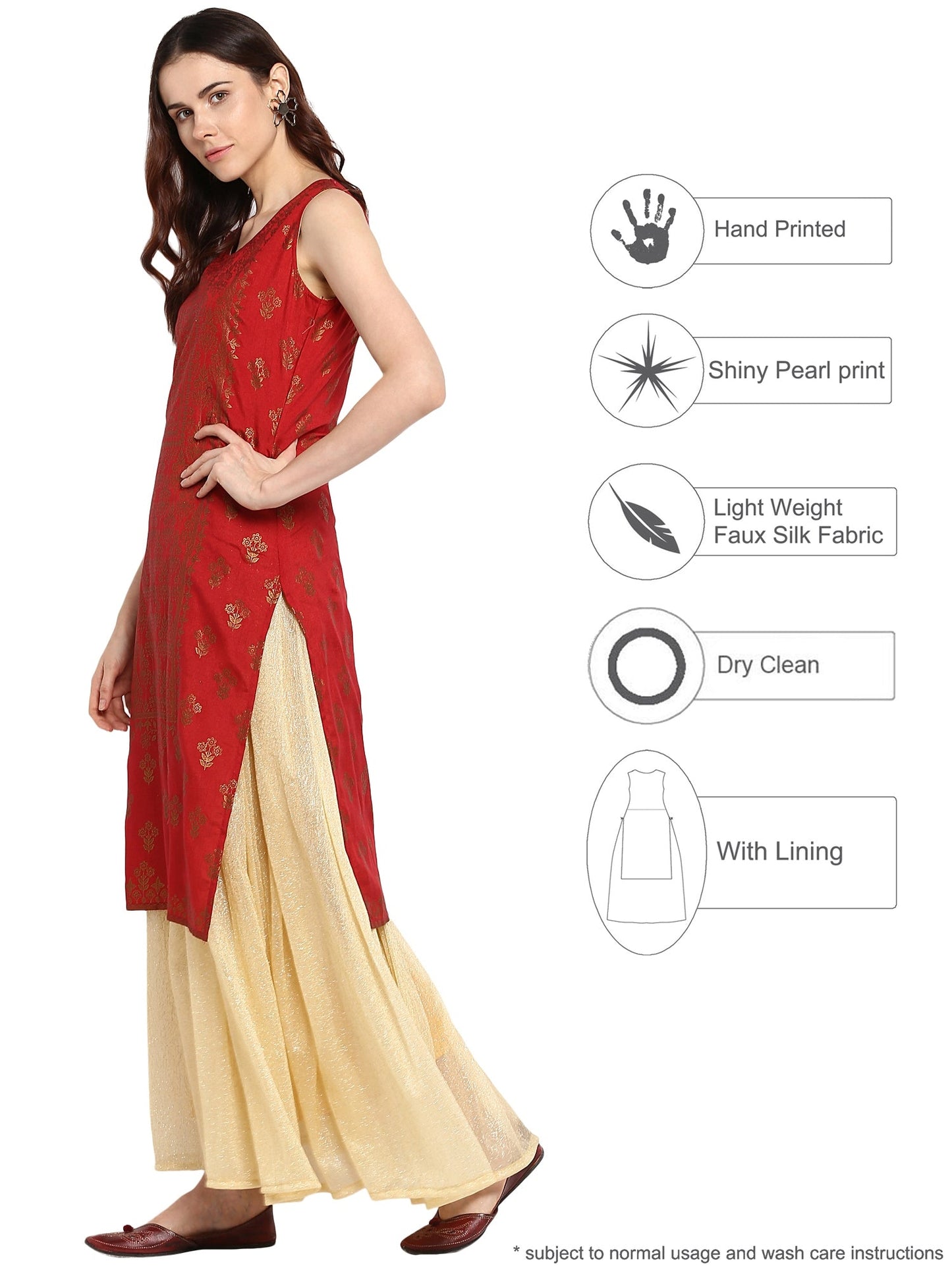 Women's Double Layered Red & Gold Floor Length Only Kurta Dress