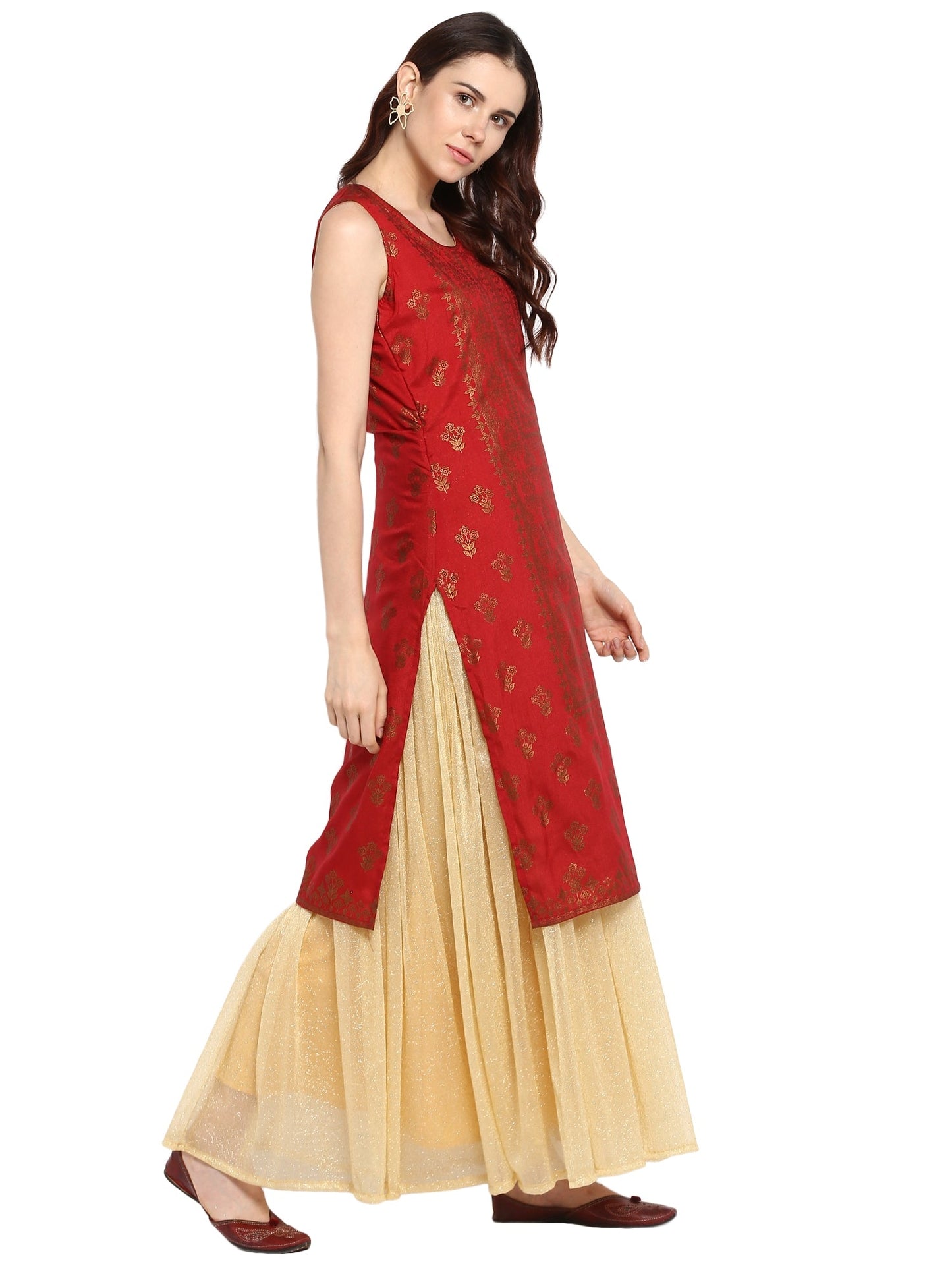 Women's Double Layered Red & Gold Floor Length Only Kurta Dress