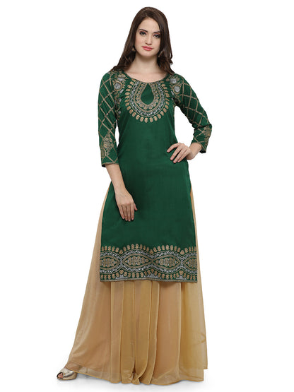 Women's Green Poly Silk Gold Foil Print Kurta