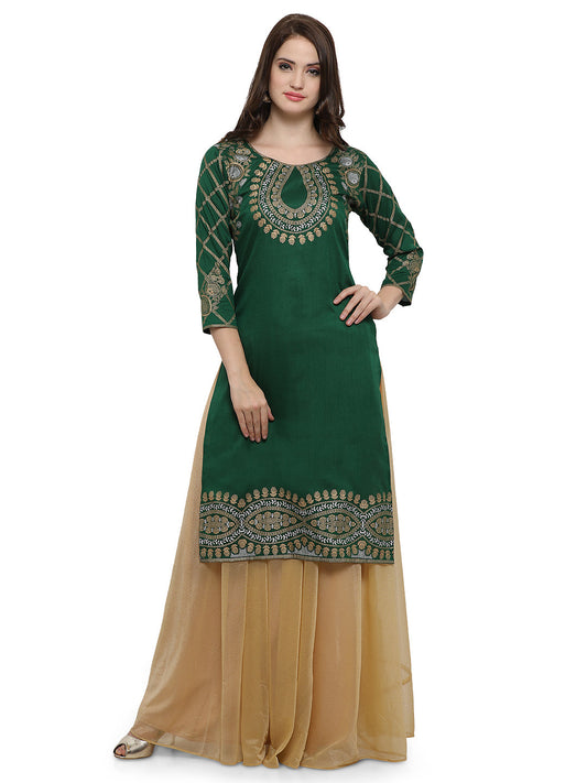 Women's Green Poly Silk Gold Foil Print Kurta