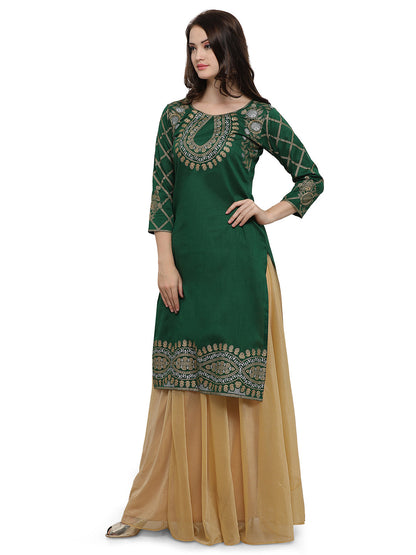 Women's Green Poly Silk Gold Foil Print Kurta