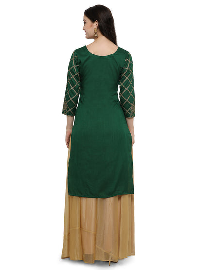 Women's Green Poly Silk Gold Foil Print Kurta