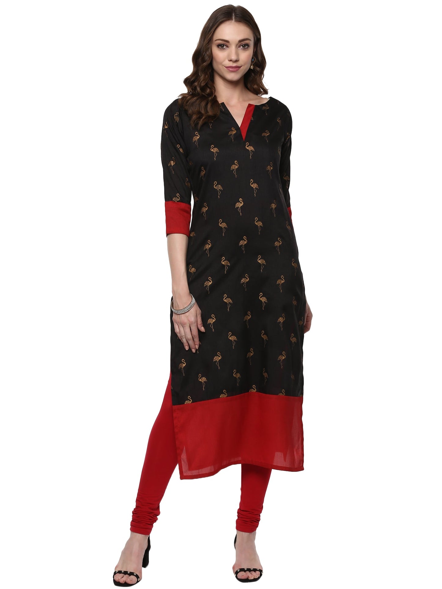 Women's Classic Black & Red Only Kurta With Metallic Flamingo Print In Gold