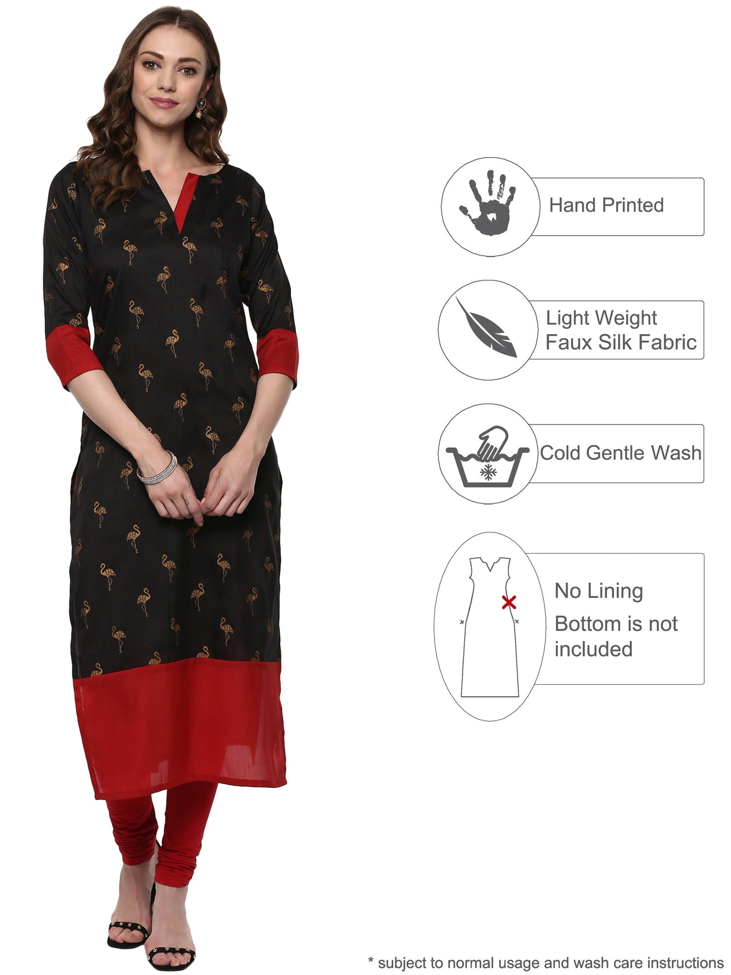 Women's Classic Black & Red Only Kurta With Metallic Flamingo Print In Gold