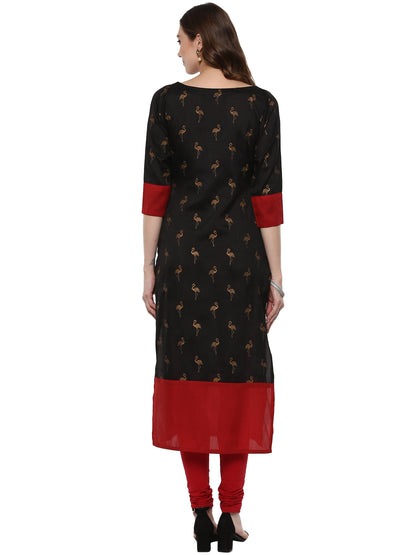 Women's Classic Black & Red Only Kurta With Metallic Flamingo Print In Gold