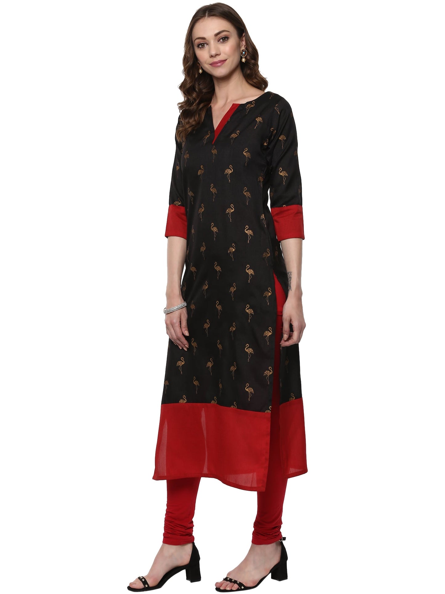 Women's Classic Black & Red Only Kurta With Metallic Flamingo Print In Gold