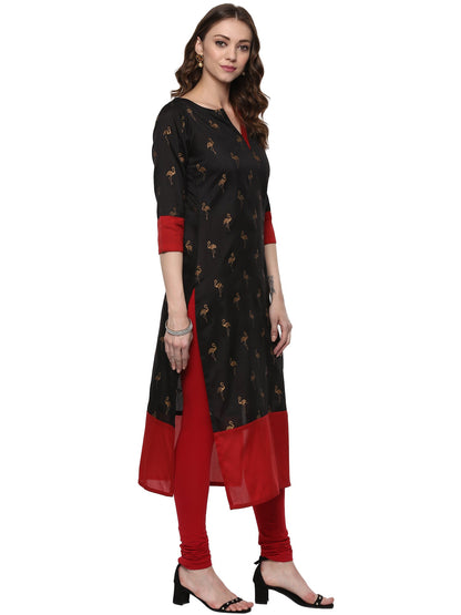 Women's Classic Black & Red Only Kurta With Metallic Flamingo Print In Gold