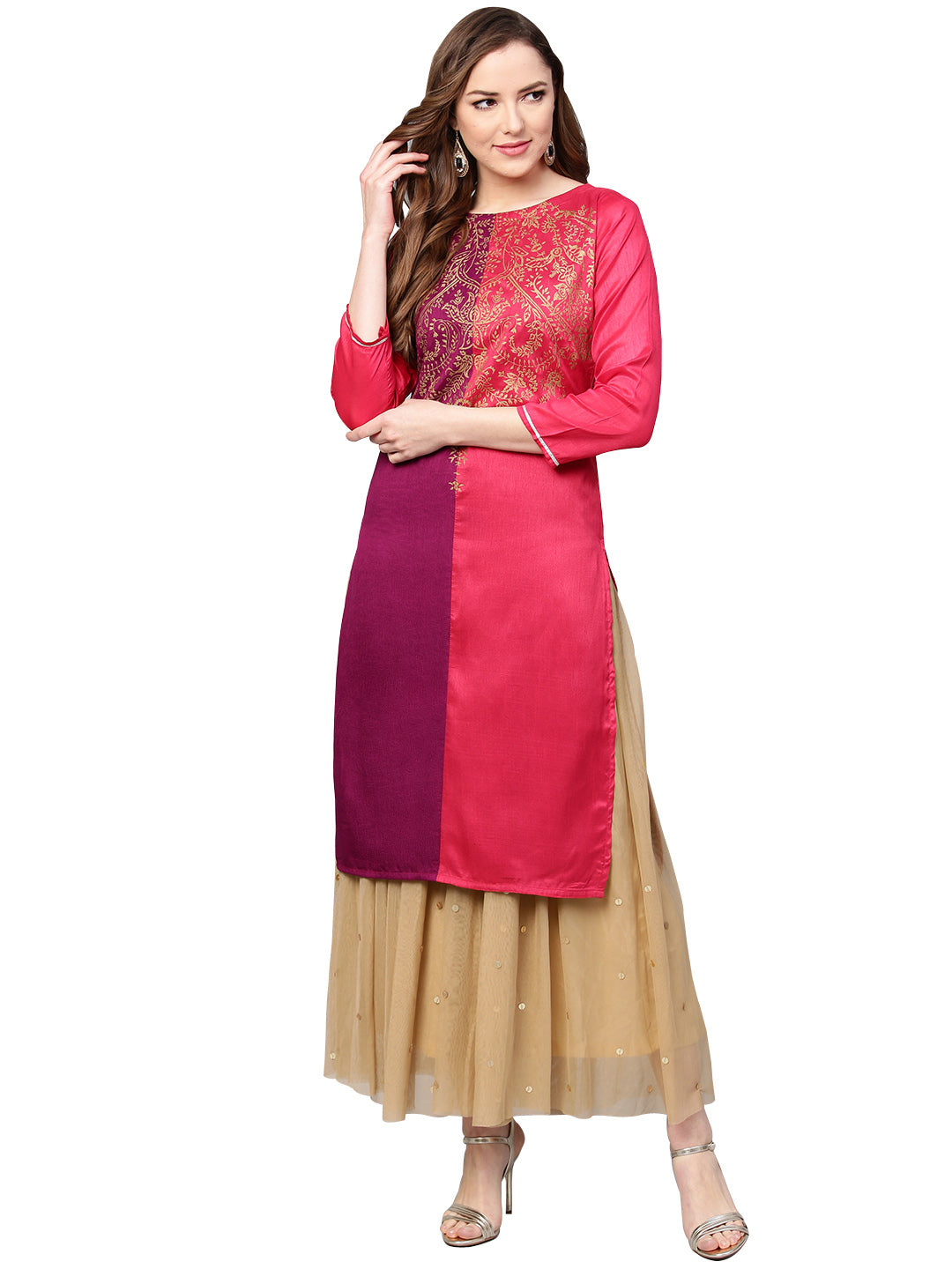 Women's Purple & Pink Printed Straight Only Kurta