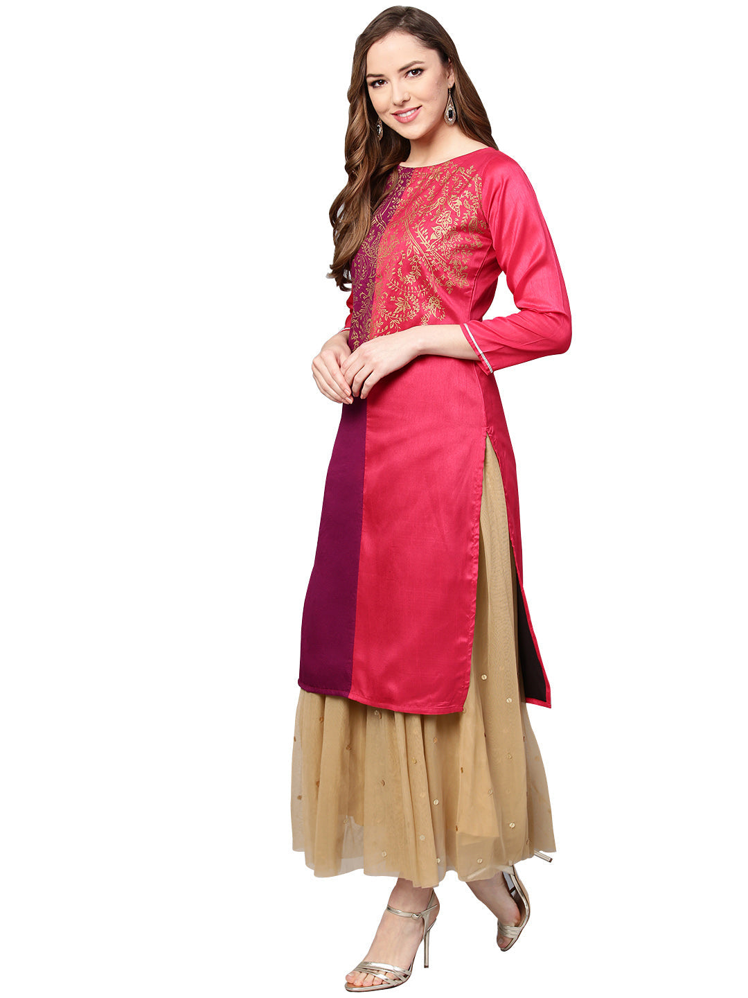 Women's Purple & Pink Printed Straight Only Kurta