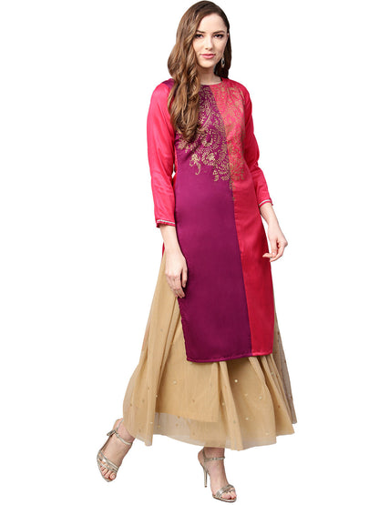 Women's Purple & Pink Printed Straight Only Kurta