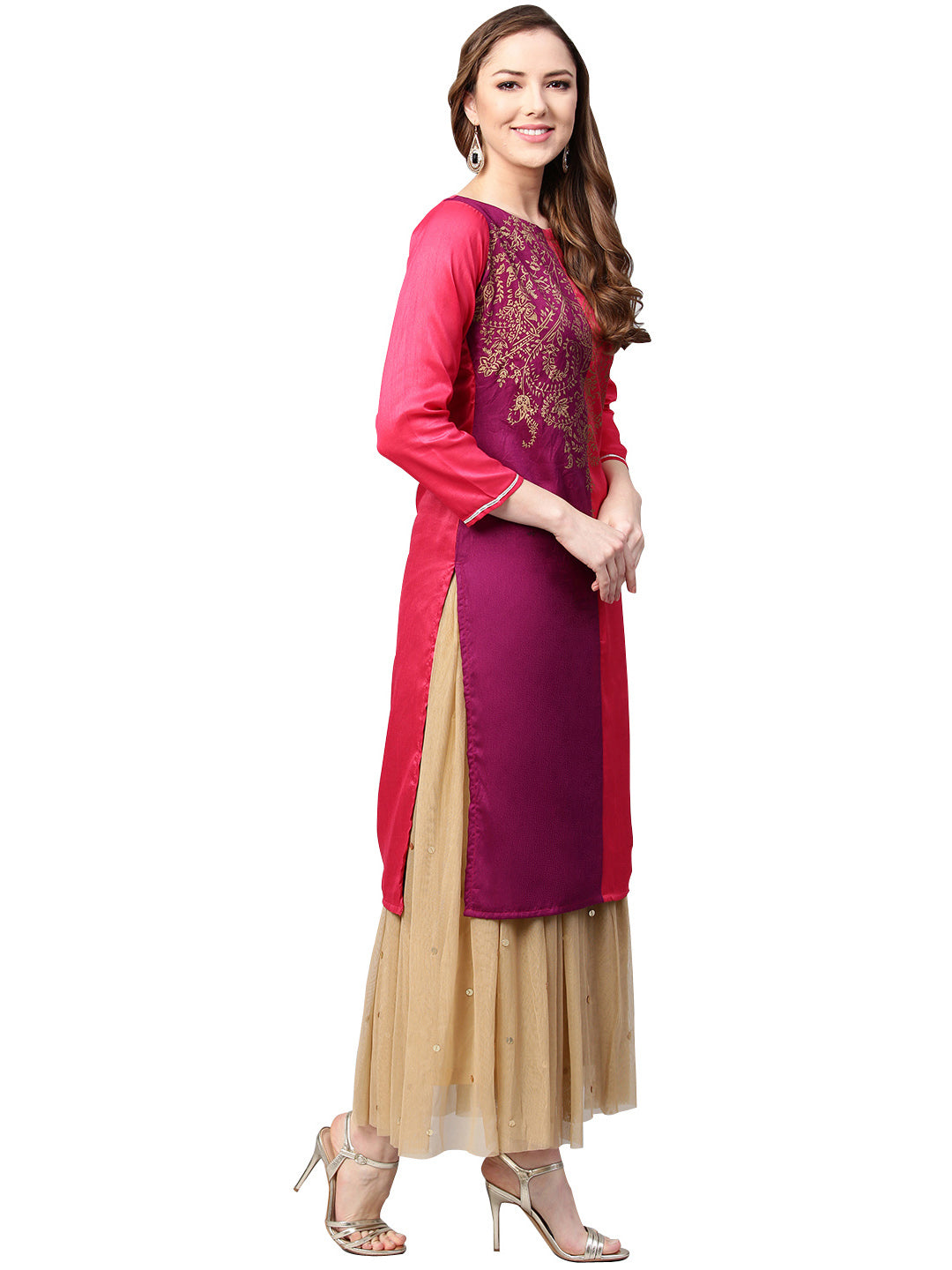 Women's Purple & Pink Printed Straight Only Kurta