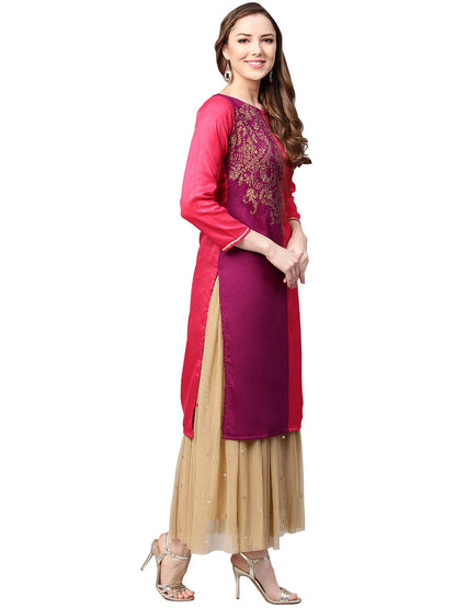 Women's Purple & Pink Printed Straight Only Kurta