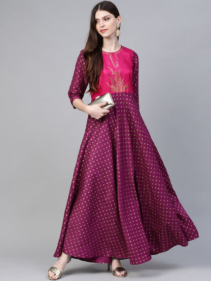 Women's  Purple Poly Silk Gold Print Gown