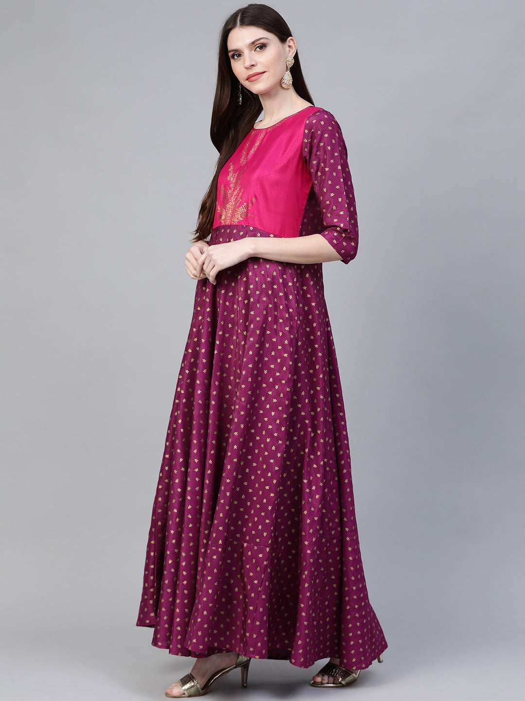 Women's  Purple Poly Silk Gold Print Gown