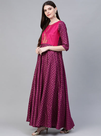 Women's  Purple Poly Silk Gold Print Gown