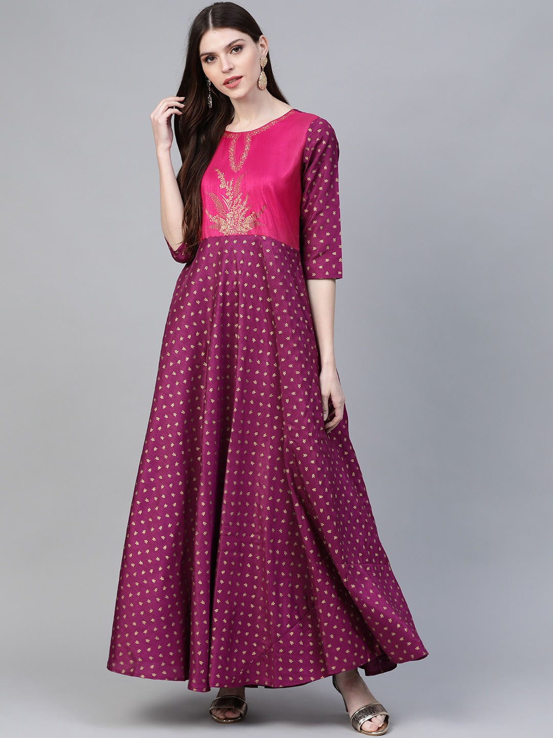 Women's  Purple Poly Silk Gold Print Gown