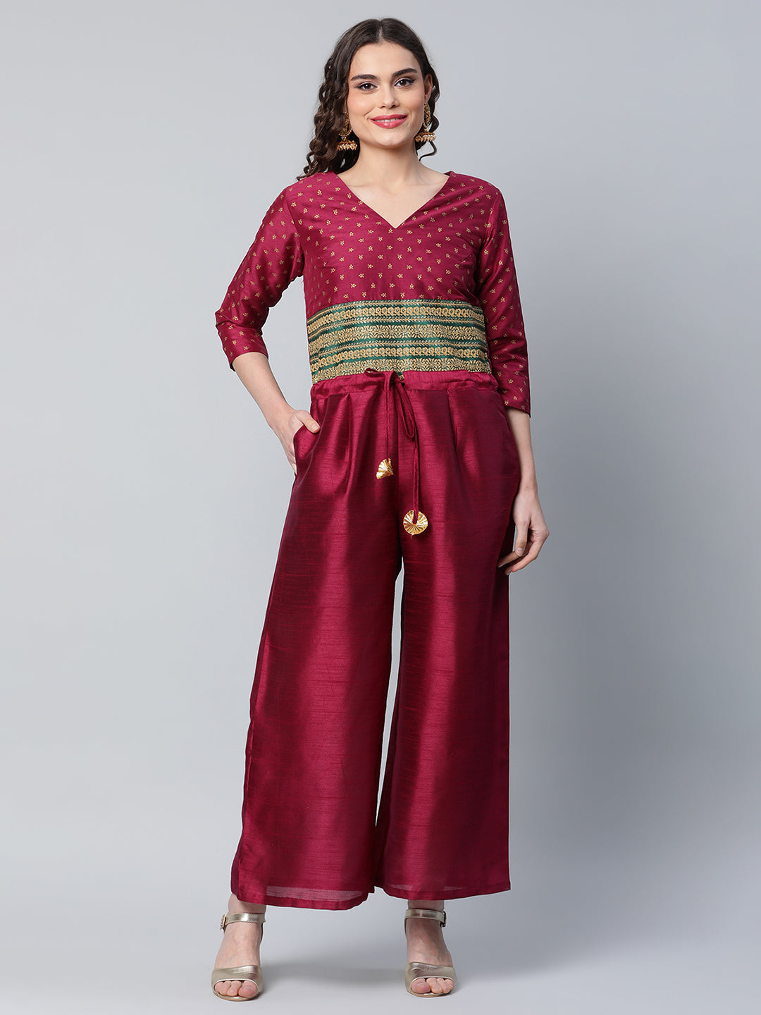 Women's Burgundy Crepe Printed Jumpsuit