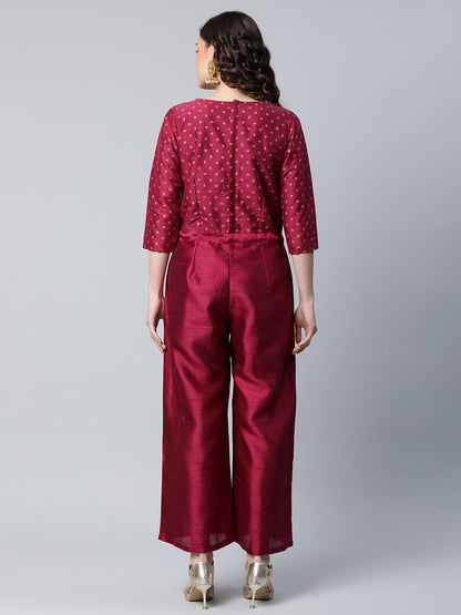 Women's Burgundy Crepe Printed Jumpsuit