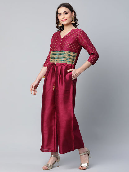 Women's Burgundy Crepe Printed Jumpsuit