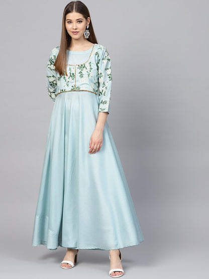 Women's Aqua Blue Poly Silk Solid Kurta With Printed Jacket