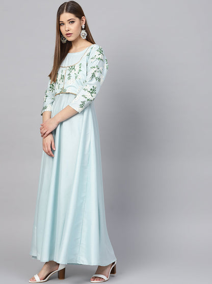 Women's Aqua Blue Poly Silk Solid Kurta With Printed Jacket